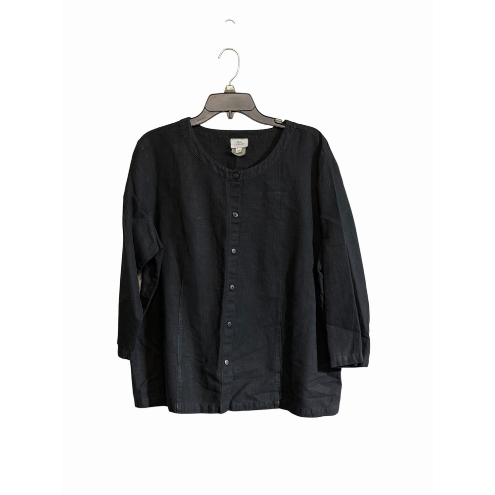 Hot Cotton XL 100% Linen Blouse Top Black Lagenlook Button Front Boxy